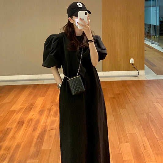 Women’s Vintage Summer Dress – Korean Style Round Neck with Bubble Sleeves, Knee-Length