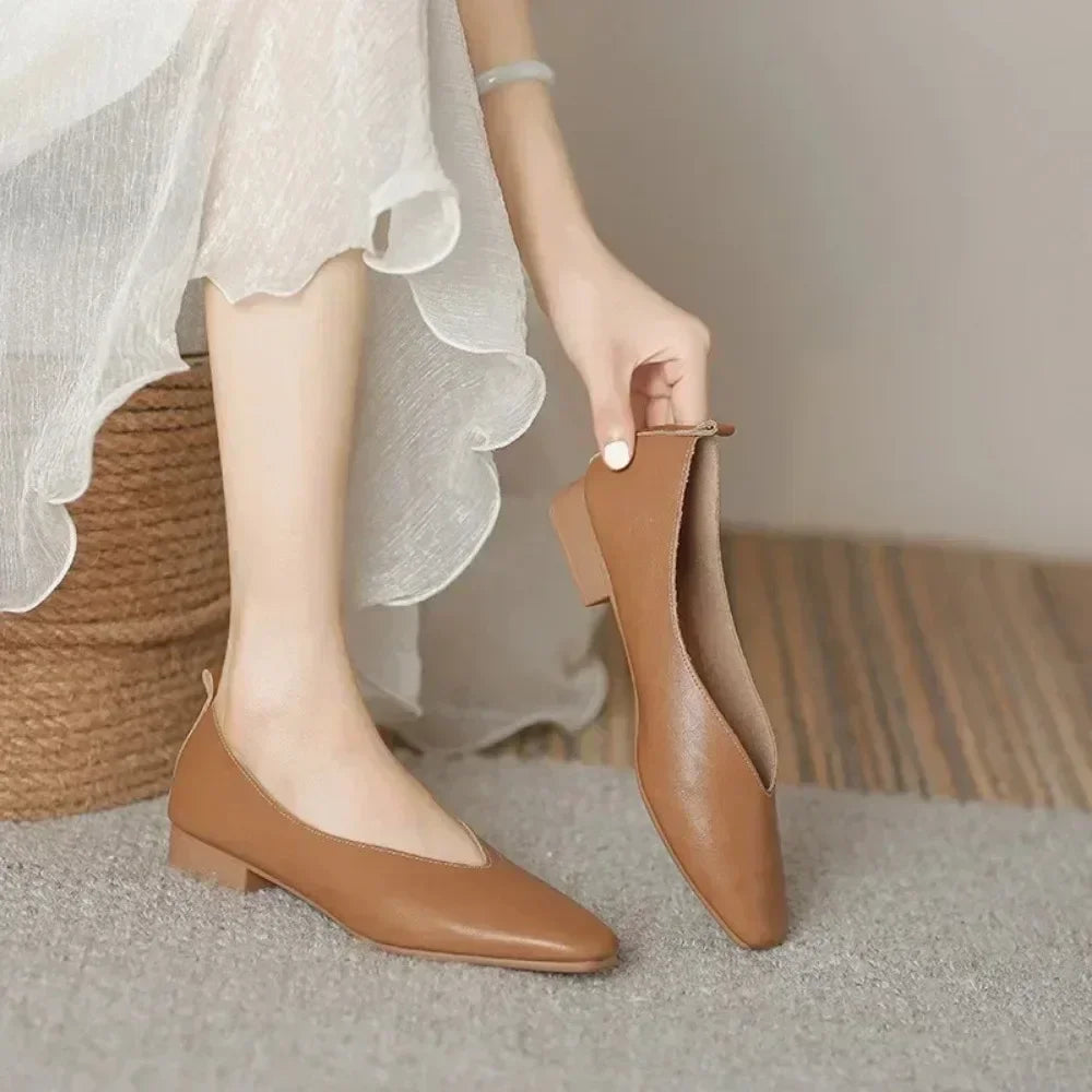 Women’s Genuine Leather Loafers – Low Heel, Round Toe, Casual Style