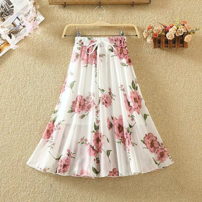 Women’s Summer Midi Skirt – Retro Floral Print with Elastic Waist & Lacing Detail