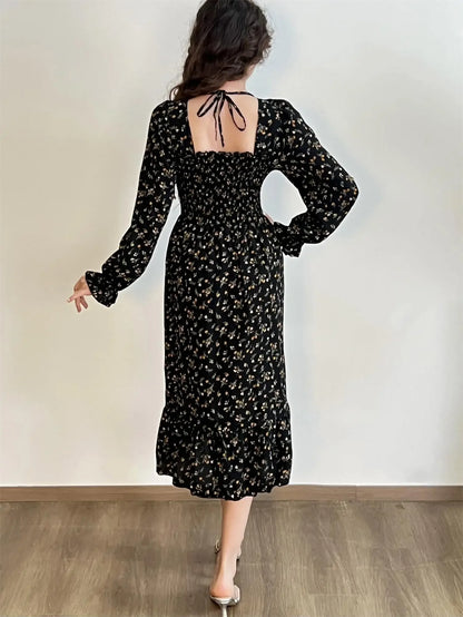 Elegant Floral Chiffon Midi Dress – Effortless Style for Spring & Autumn