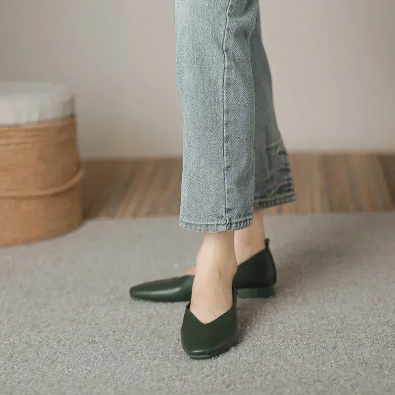 Women’s Genuine Leather Loafers – Low Heel, Round Toe, Casual Style