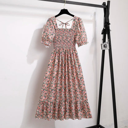 Spring Summer Women’s Chiffon Dress – Elegant Pleated Short Sleeve A-Line Casual Wear