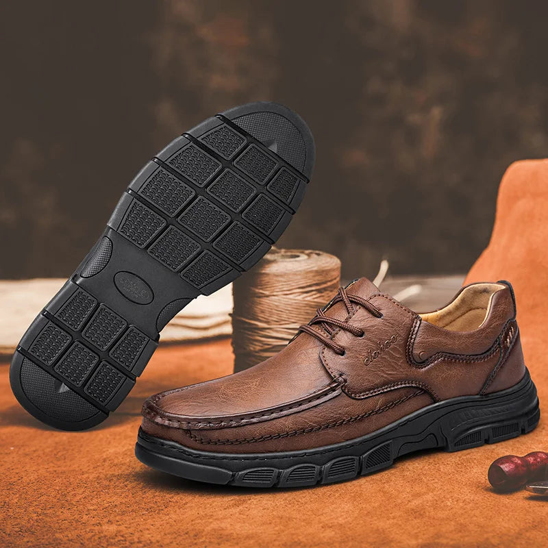 CLOHOO Men’s Handmade Leather Loafers – Breathable Casual Shoes with Thick Rubber Sole