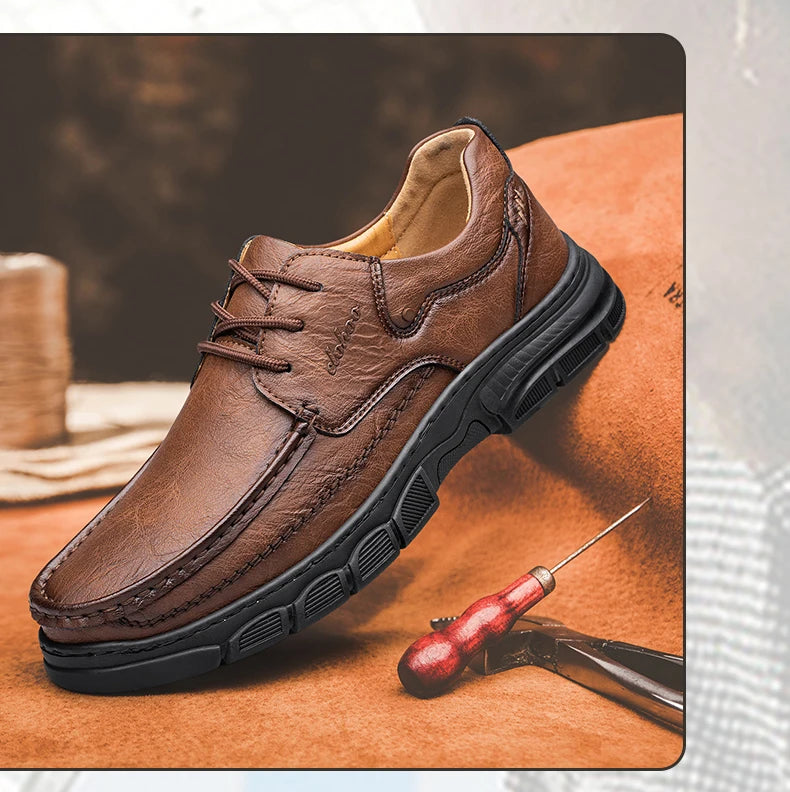 CLOHOO Men’s Handmade Leather Loafers – Breathable Casual Shoes with Thick Rubber Sole
