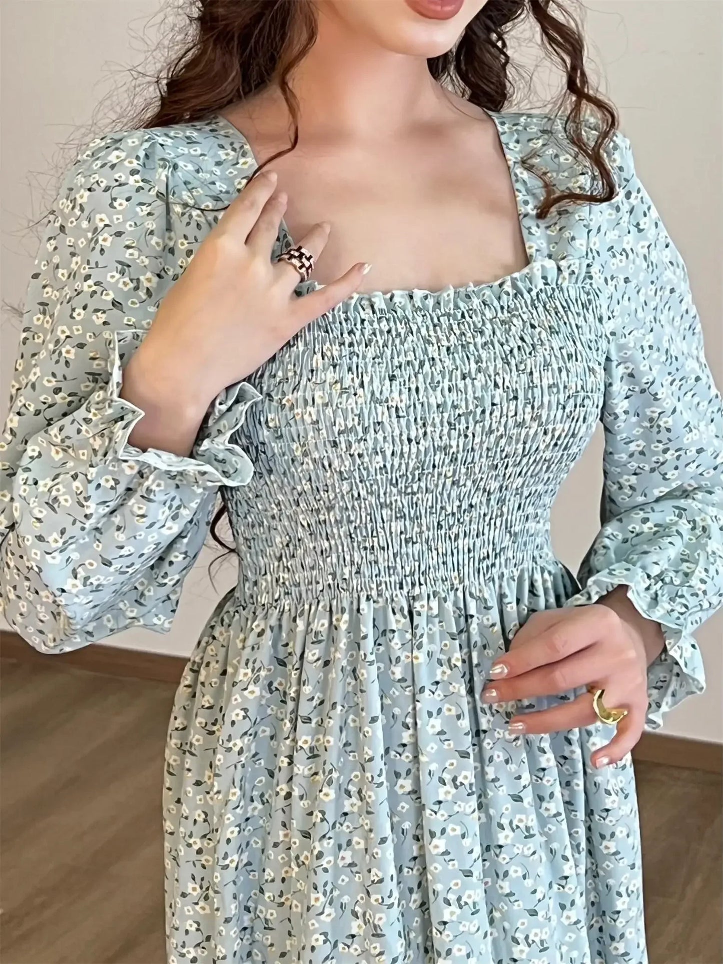 Elegant Floral Chiffon Midi Dress – Effortless Style for Spring & Autumn