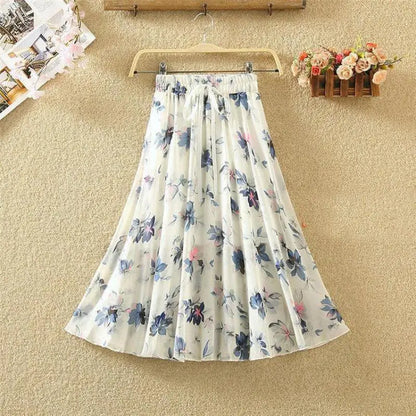 Women’s Summer Midi Skirt – Retro Floral Print with Elastic Waist & Lacing Detail