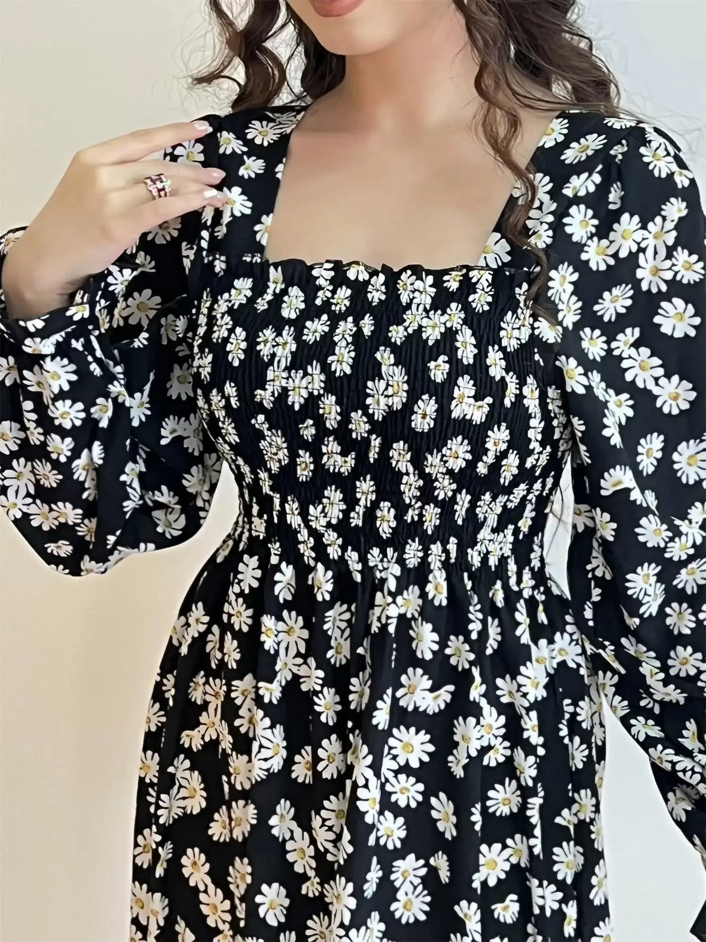 Elegant Floral Chiffon Midi Dress – Effortless Style for Spring & Autumn