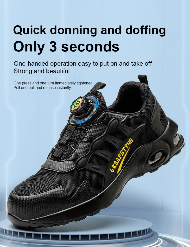 Men’s Steel Toe Safety Shoes – Rotating Button Work Sneakers with Air Cushion & Puncture-Proof Protection