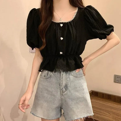 Summer Women’s Puff Sleeve Chiffon Shirt – Cute Ruffle Waist-Tight Casual Crop Top