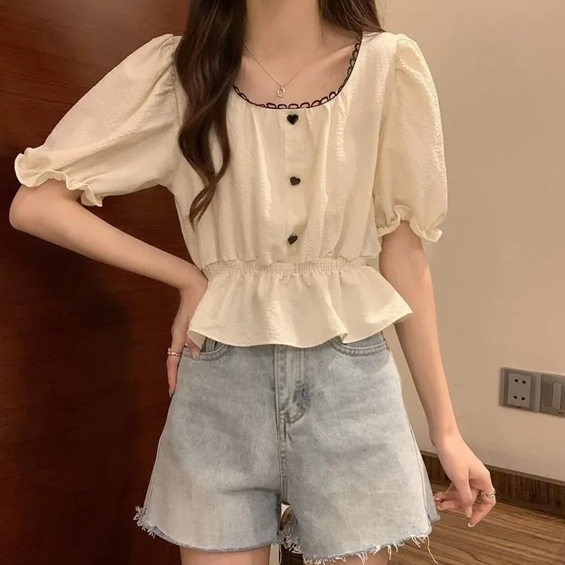 Summer Women’s Puff Sleeve Chiffon Shirt – Cute Ruffle Waist-Tight Casual Crop Top