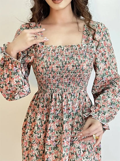 Elegant Floral Chiffon Midi Dress – Effortless Style for Spring & Autumn