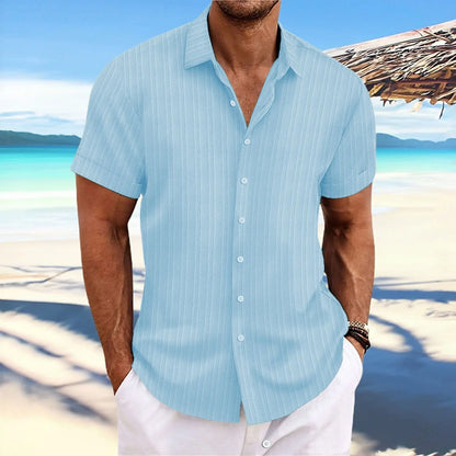 Men’s Jacquard Wave Stripe Shirt – Solid Color Short Sleeve Casual Top