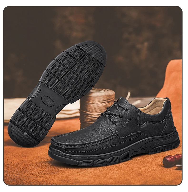 CLOHOO Men’s Handmade Leather Loafers – Breathable Casual Shoes with Thick Rubber Sole