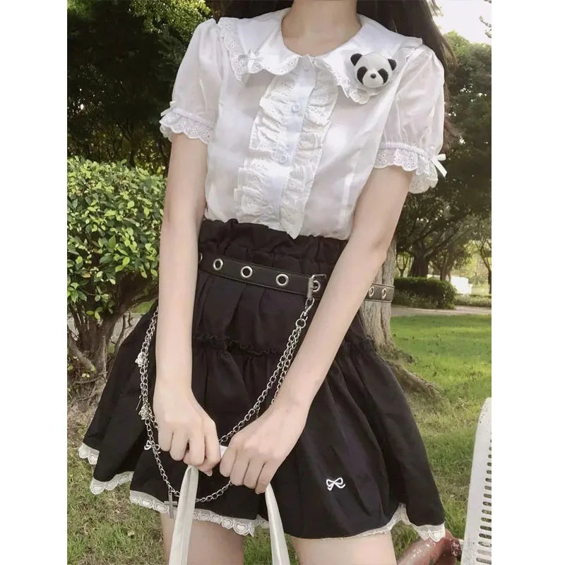 Deeptown Women’s Blouse – Kawaii Lolita Japanese Preppy Style, Cute White Lace Ruffle Shirt with Puff Sleeves