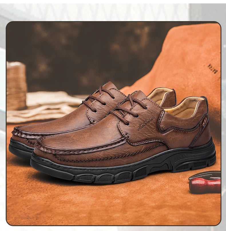 CLOHOO Men’s Handmade Leather Loafers – Breathable Casual Shoes with Thick Rubber Sole