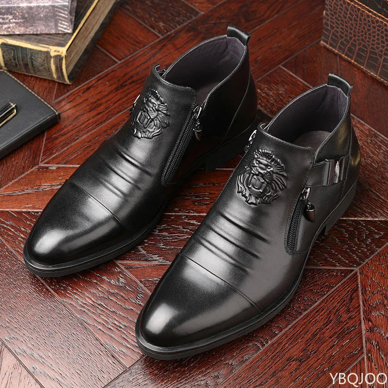 Men’s Winter Leather Ankle Boots – Elegant British Style with Side Zip & Non-Slip Sole
