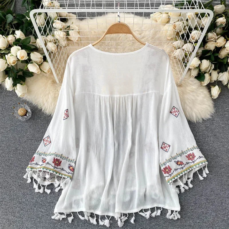 Women’s Bohemian Chiffon Shirt – Embroidered Tassel Cardigan Style, Slim Waist Short Top