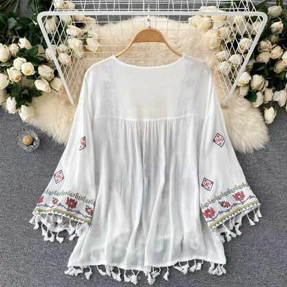 Women’s Bohemian Chiffon Shirt – Embroidered Tassel Cardigan Style, Slim Waist Short Top