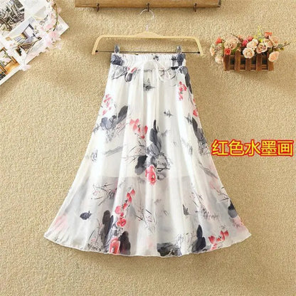 Women’s Summer Midi Skirt – Retro Floral Print with Elastic Waist & Lacing Detail