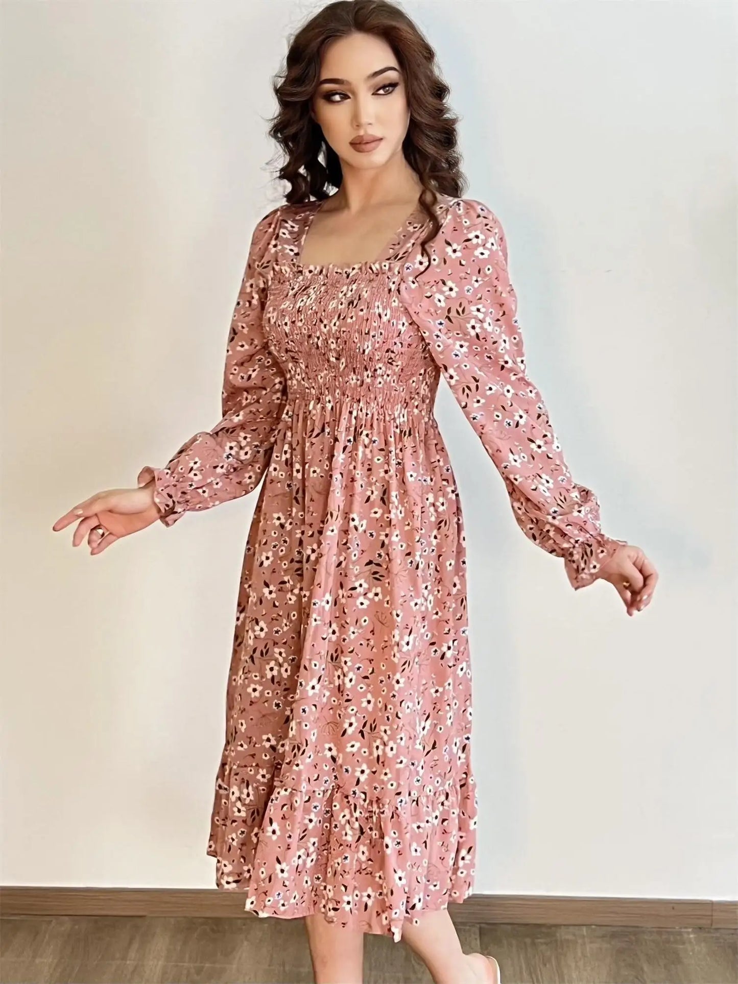 Elegant Floral Chiffon Midi Dress – Effortless Style for Spring & Autumn
