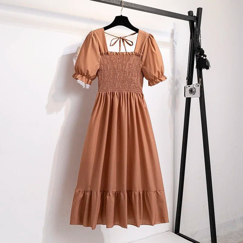 Spring Summer Women’s Chiffon Dress – Elegant Pleated Short Sleeve A-Line Casual Wear