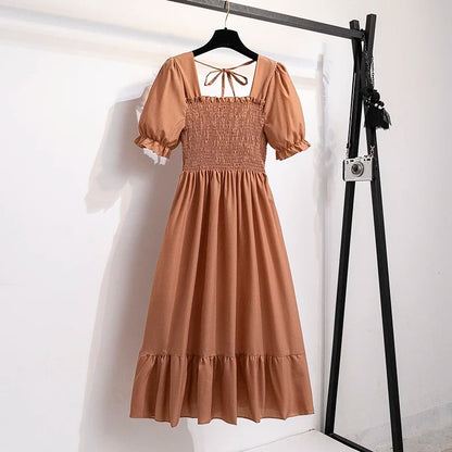 Spring Summer Women’s Chiffon Dress – Elegant Pleated Short Sleeve A-Line Casual Wear