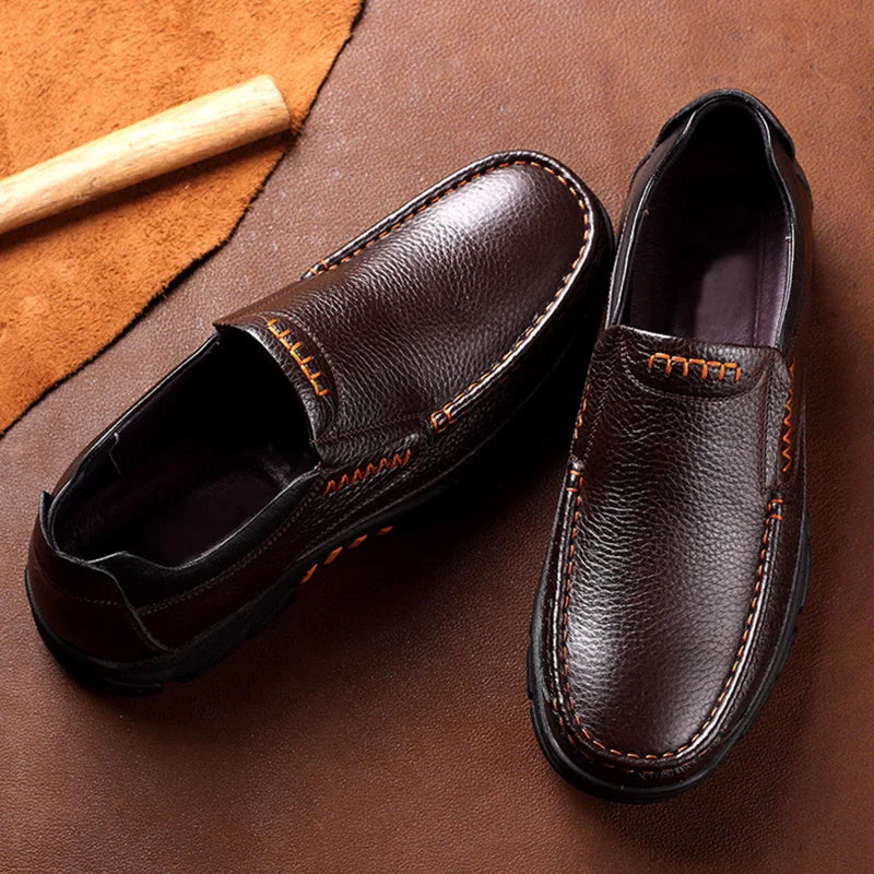 Men’s Genuine Leather Loafers – Soft Cowhide Casual Slip-On Shoes with Thick Sole, Black & Brown