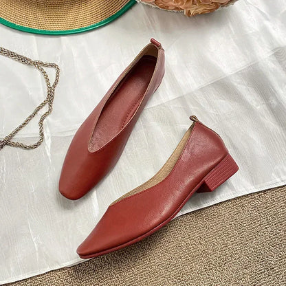 Women’s Genuine Leather Loafers – Low Heel, Round Toe, Casual Style