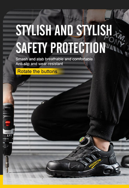 Men’s Steel Toe Safety Shoes – Rotating Button Work Sneakers with Air Cushion & Puncture-Proof Protection