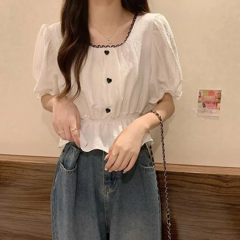Summer Women’s Puff Sleeve Chiffon Shirt – Cute Ruffle Waist-Tight Casual Crop Top