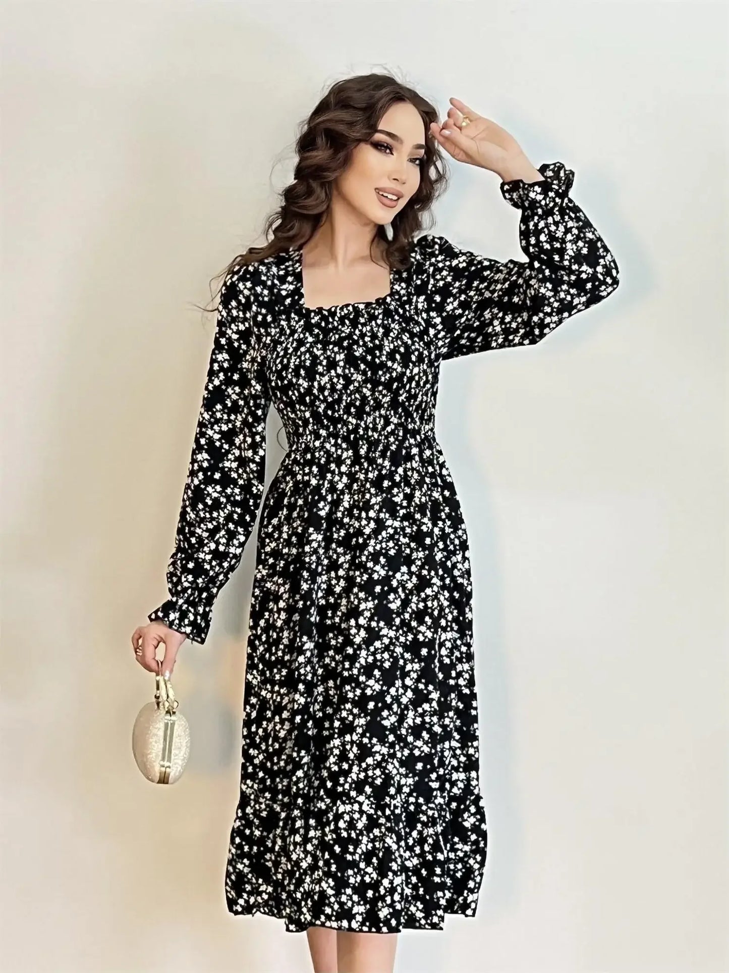 Elegant Floral Chiffon Midi Dress – Effortless Style for Spring & Autumn