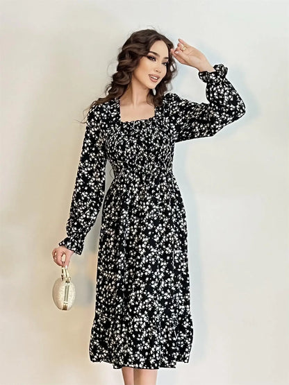 Elegant Floral Chiffon Midi Dress – Effortless Style for Spring & Autumn