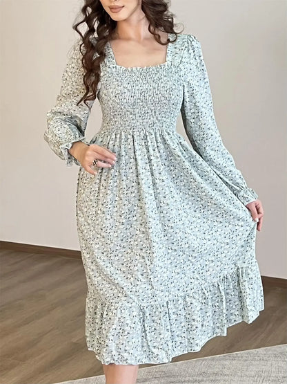 Elegant Floral Chiffon Midi Dress – Effortless Style for Spring & Autumn
