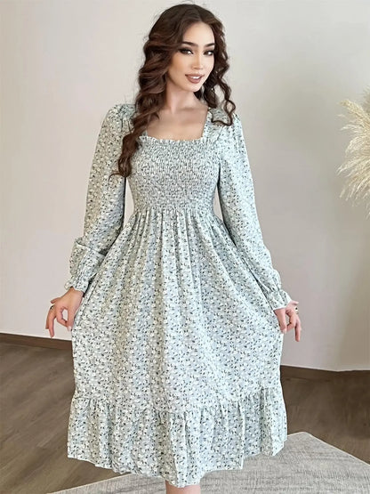 Elegant Floral Chiffon Midi Dress – Effortless Style for Spring & Autumn