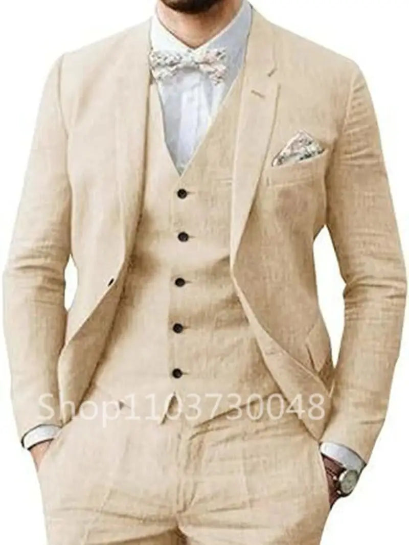 Beige/Blue Men’s Linen Suit – Casual Slim Fit 3-Piece Blazer, Vest & Pants, High-Quality Summer Formal Wear