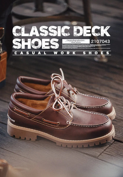 Maden Men's Vintage Second-layer Cowhide Boat Shoes Genuine Leather Derby Shoes Round Toe Low Top Boots British Style Work Shoes