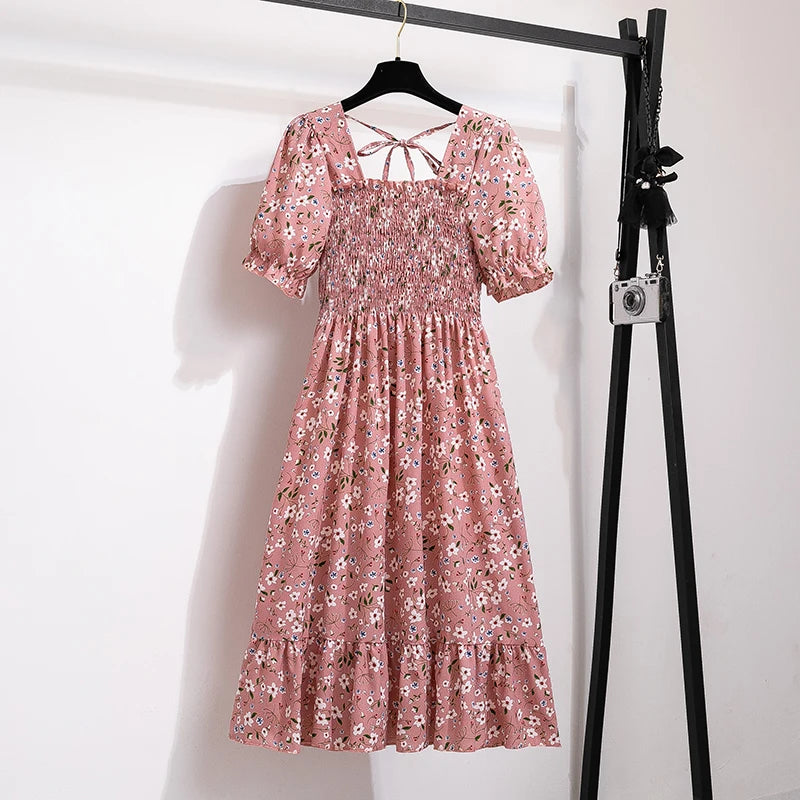 Spring Summer Women’s Chiffon Dress – Elegant Pleated Short Sleeve A-Line Casual Wear