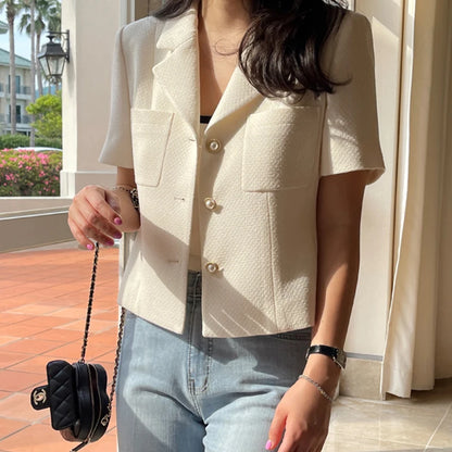 Women’s Korean Chic Tweed Blazer – Lightweight Summer Jacket with Notch Lapel & Single Button
