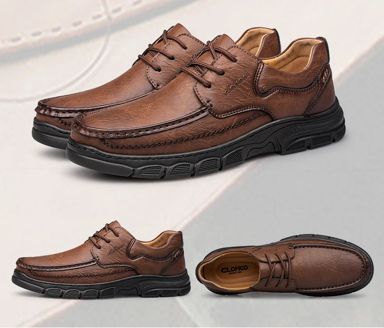 CLOHOO Men’s Handmade Leather Loafers – Breathable Casual Shoes with Thick Rubber Sole