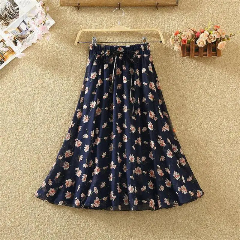 Women’s Summer Midi Skirt – Retro Floral Print with Elastic Waist & Lacing Detail