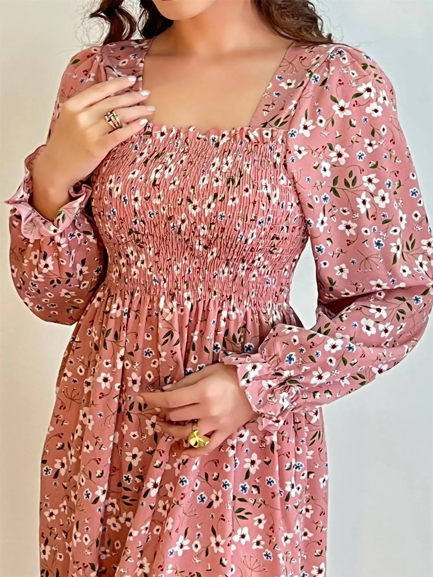 Elegant Floral Chiffon Midi Dress – Effortless Style for Spring & Autumn