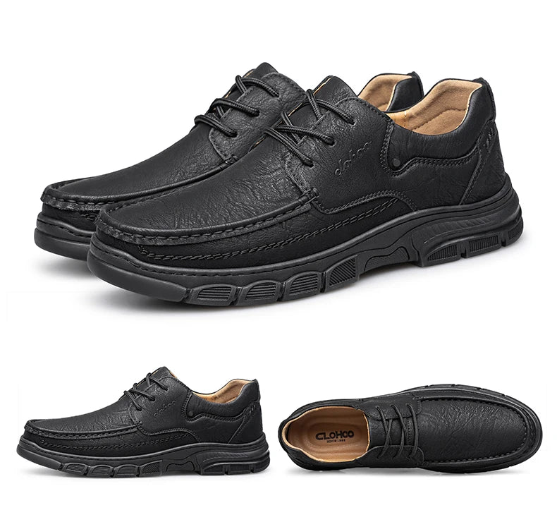 CLOHOO Men’s Handmade Leather Loafers – Breathable Casual Shoes with Thick Rubber Sole