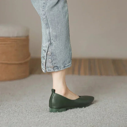 Women’s Genuine Leather Loafers – Low Heel, Round Toe, Casual Style