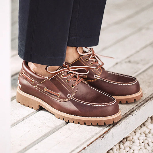 Maden Men's Vintage Second-layer Cowhide Boat Shoes Genuine Leather Derby Shoes Round Toe Low Top Boots British Style Work Shoes