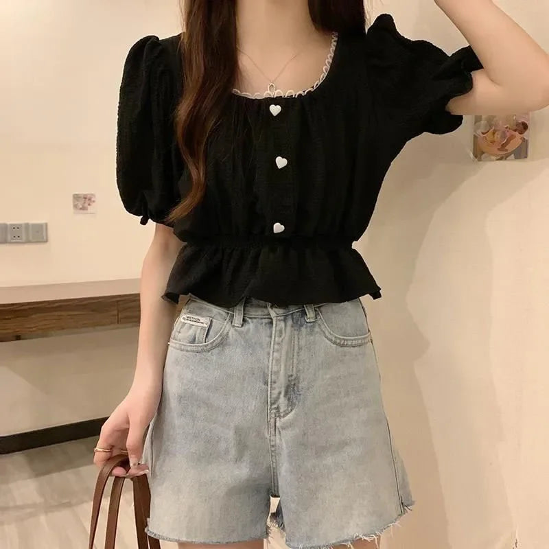 Summer Women’s Puff Sleeve Chiffon Shirt – Cute Ruffle Waist-Tight Casual Crop Top