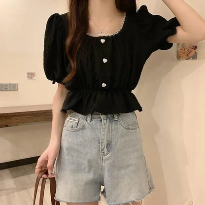 Summer Women’s Puff Sleeve Chiffon Shirt – Cute Ruffle Waist-Tight Casual Crop Top