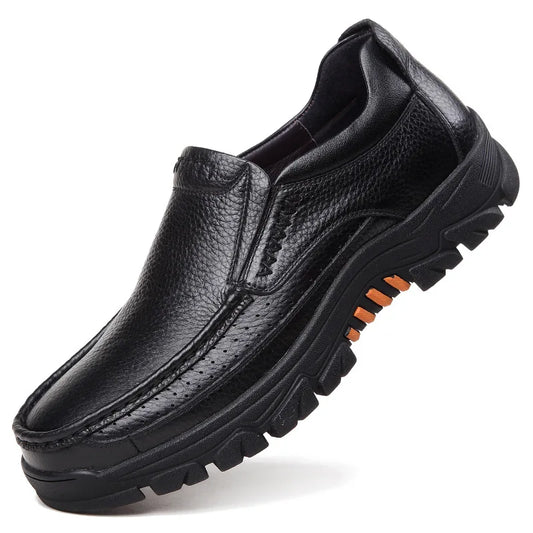 Men’s Genuine Leather Loafers – Soft Cowhide Casual Slip-On Shoes with Thick Sole, Black & Brown