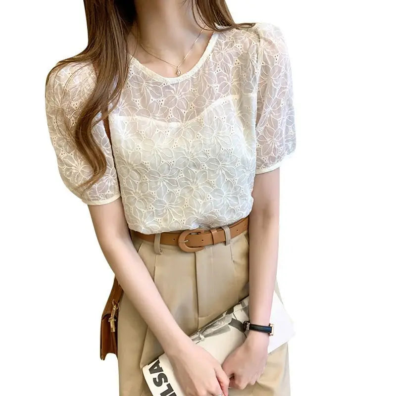 Female Tops Embroidery With Puffy Sleeves Women's Shirt And Blouse Lace Korea Stylish Elegant Social Economic Aesthetic Hot 2024