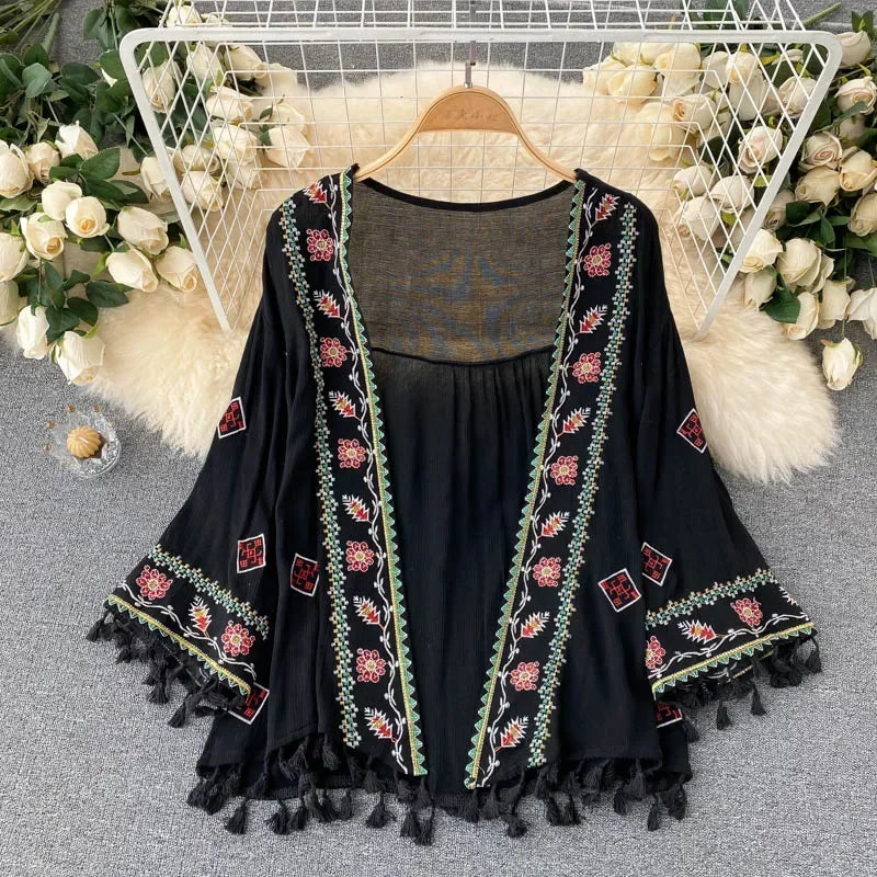 Women’s Bohemian Chiffon Shirt – Embroidered Tassel Cardigan Style, Slim Waist Short Top