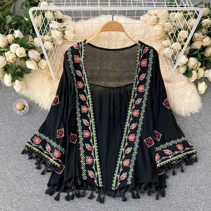 Women’s Bohemian Chiffon Shirt – Embroidered Tassel Cardigan Style, Slim Waist Short Top
